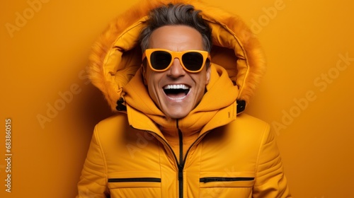 A man wearing a yellow jacket and sunglasses.