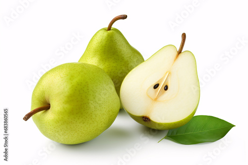Single, complete green pear plus half a slice of it on white isolated background with everything in clear focus.