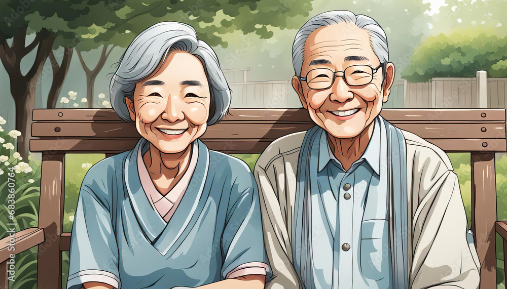 Happy elderly couple sitting in the garden - obrazy, fototapety, plakaty 