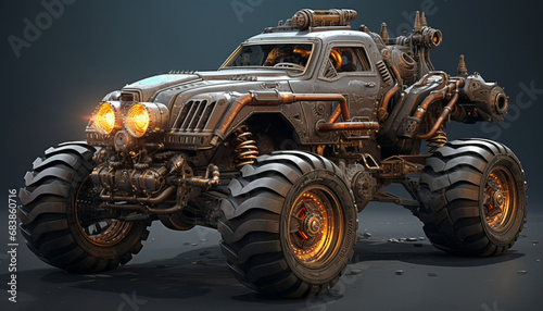 Combine monster truck power with steampunk aesthetics. Use gears, cogs, and brass elements to give the truck a mechanical and retro-futuristic look