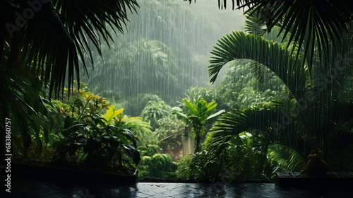 Rainfall, during monsoons, in a tropical garden filled with palms.