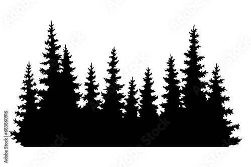 Fir trees silhouettes. Coniferous spruce horizontal background patterns, black evergreen woods illustration. Beautiful hand drawn panorama with treetops forest. Black pine woods