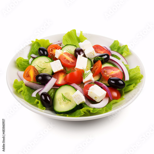 Isolated Greek salad with cheese and fresh veggies on a white background.
