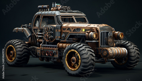 Combine monster truck power with steampunk aesthetics. Use gears, cogs, and brass elements to give the truck a mechanical and retro-futuristic look