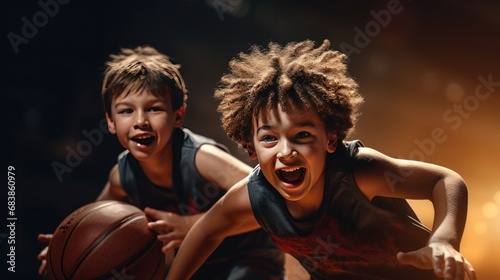 Illustration of two teenagers in basketball action on the court