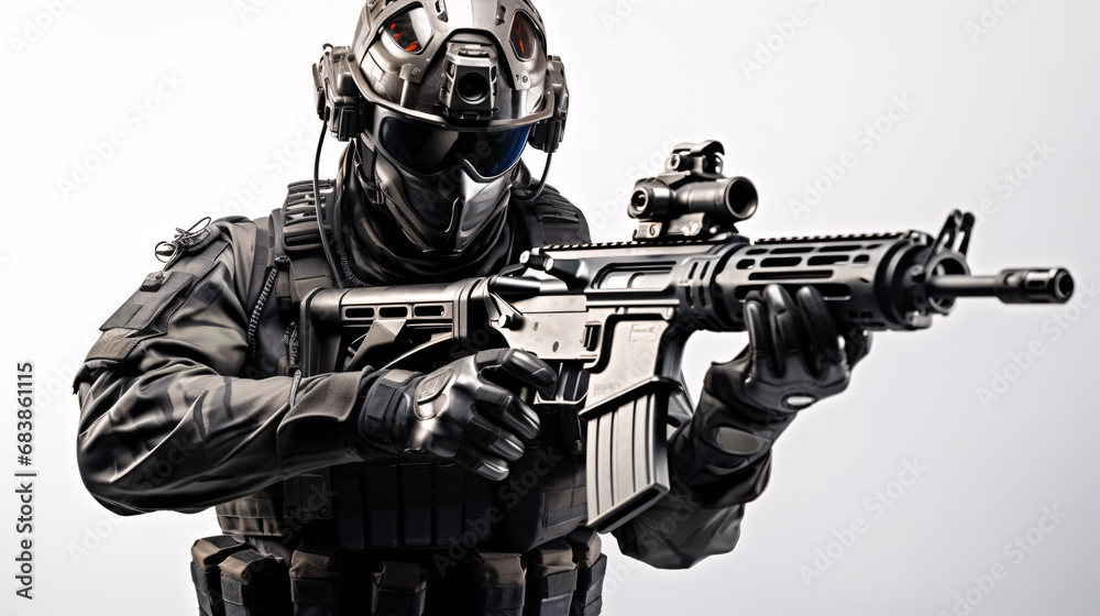 A solider of the elite forces stands out against the white backdrop, conveying an idea of military potential.