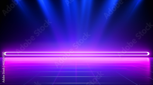 Empty dark abstract background. Background of empty show scene. Glow of sci-fi neon lights and neon figures on an empty concert stage. hi-tech technology background.