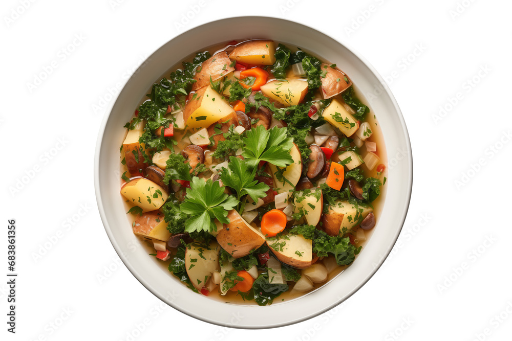 vegetable soup with potatoes, carrots and Parsley on bowl, isolated on transparent background, PNG file, professional studio photo, above view