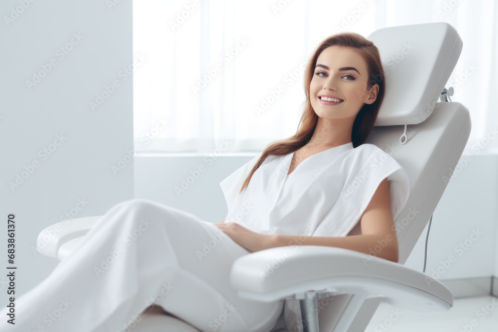 European woman smiling happily while sitting in medical chair at dental clinic. AI Generated European woman smiling happily while sitting in medical chair at dental clinic. AI Generated