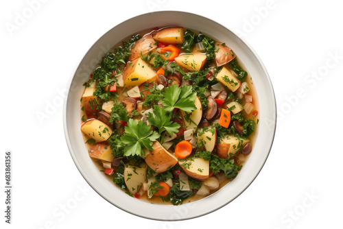 vegetable soup with potatoes, carrots and Parsley on bowl, isolated on transparent background, PNG file, professional studio photo, above view