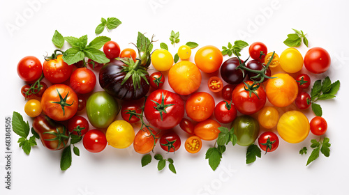 An aerial view of unprocessed cherry, grape and gourmet red and yellow tomatoes against a white background.