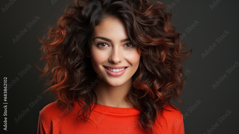 A smiling woman with curly hair, radiating beauty and happiness.