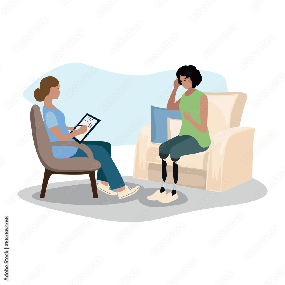 Disabled person with a psychologist. Psychological assistance to people with disabilities. Rehabilitation and adaptation of people with disabilities. Vector illustrations. Disabled person with a psychologist. Psychological assistance to people with disabilities. Rehabilitation and adaptation of people with disabilities. Vector illustrations.