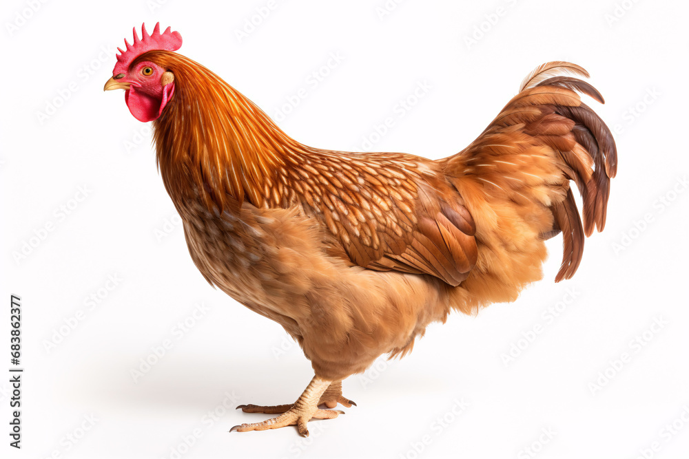 Fototapeta premium A youthful chicken secluded against a plain backdrop, seen from the side.