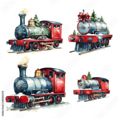 cute watercolor christmas trains vector on isolated white