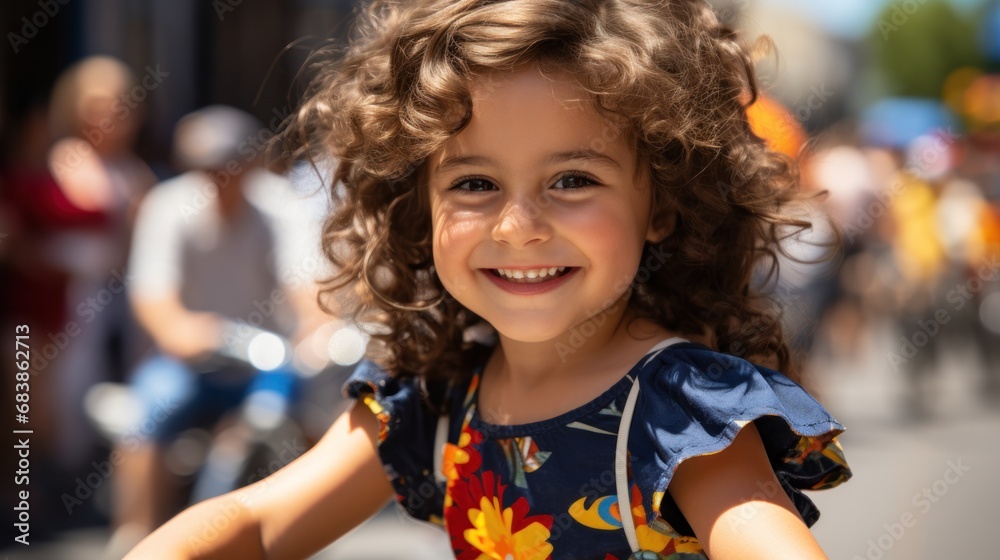 A young girl joyfully rides a bicycle, her face shining with a bright smile, displaying her happiness and freedom. A young girl joyfully rides a bicycle, her face shining with a bright smile, displaying her happiness and freedom.