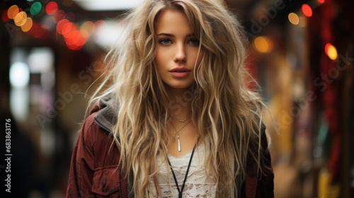 A stunning blonde woman with long hair stands amidst a bustling crowd in a vibrant setting.