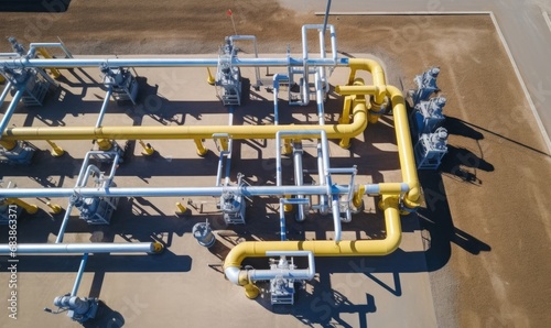 Aerial top view natural gas pipeline, Business gas industry, Construction gas transport system, stop valves bolt and appliances for gas pumping station capacity, Generative AI 