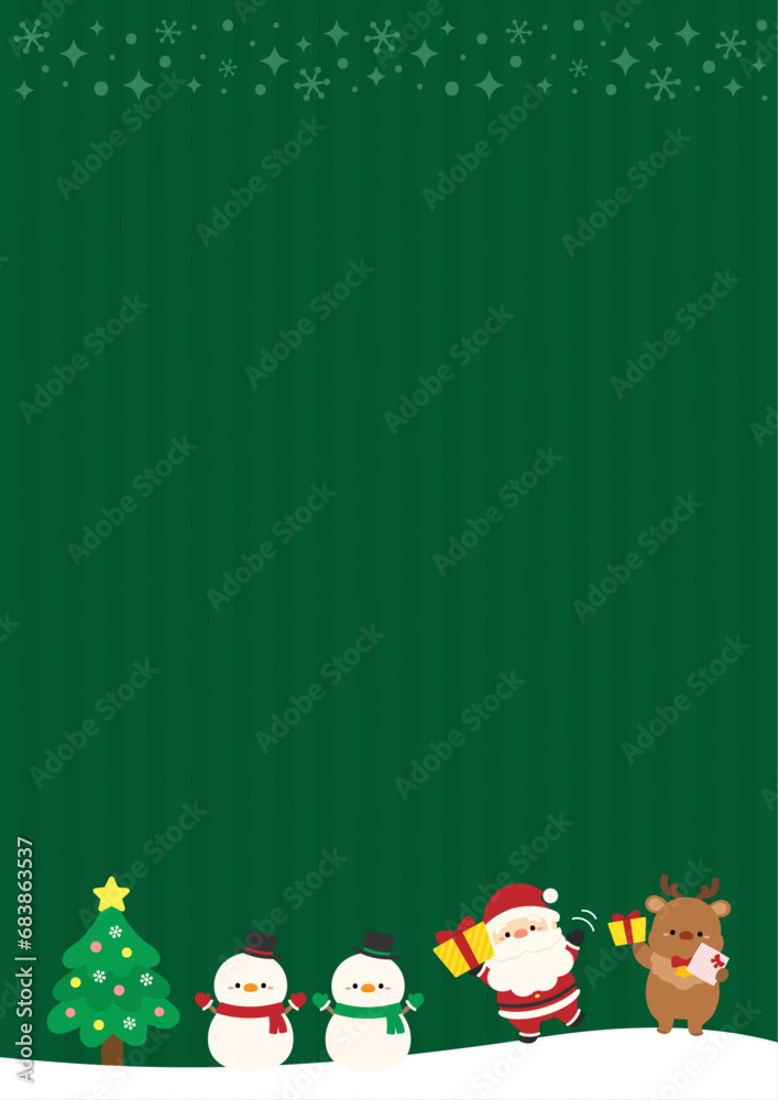 Fototapeta premium サンタクロースとトナカイと雪だるまのクリスマスデザイン、背景緑色の縦長サイズ
