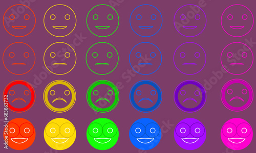 Iconic illustration of satisfaction level. Range to assess the emotions of your content. Feedback in form of emotions. User experience. Customer feedback. Excellent, good, normal, bad, awful.