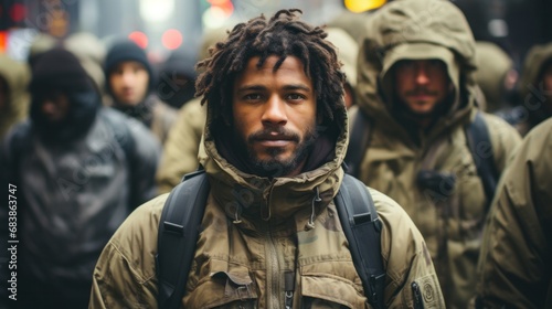 A man with dreadlocks stands out in a crowd, showcasing his unique style and individuality. photo