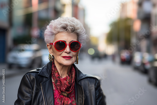 Portrait of a stylish elderly woman in a jacket and sunglasses on a windy day in an urban environment, a serious woman in her 70s with short hair on the street © екатерина лагунова