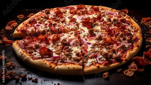 Illustrate a picture-perfect image of a loaded meat lovers' pizza with pepperoni, sausage, bacon, and ham