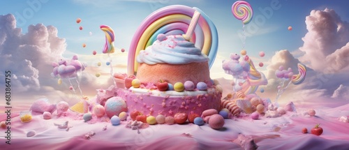 Surreal candy land landscape with vibrant sweet treats and pastel skies. Fantasy world of desserts and confections in dreamlike scenery. Whimsical digital art for creative backgrounds. photo