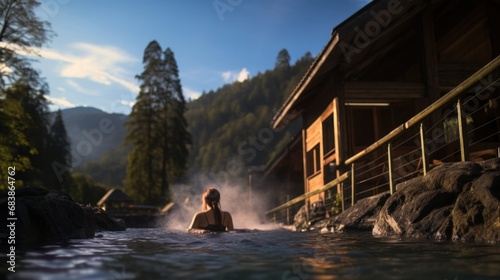 A woman enjoying a relaxing swim in a natural hot spring, surrounded by steam and serene nature. © OKAN
