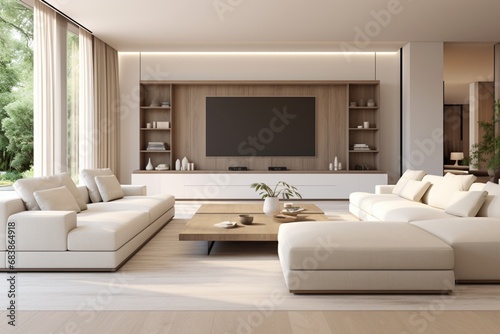 White sofa and tv unit in spacious room. Luxury home interior design of modern living room, panorama © Muhammad