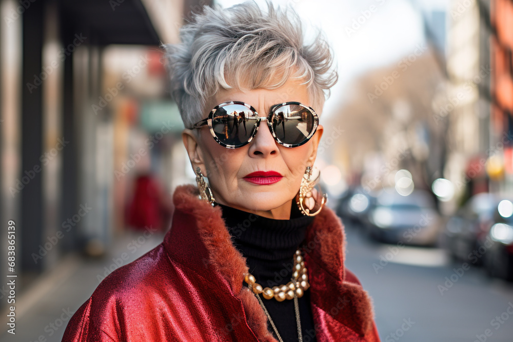 Portrait of a beautiful elderly woman in a jacket and sunglasses on a windy day in an urban environment, a happy woman in her 70s with short hair on the street Portrait of a beautiful elderly woman in a jacket and sunglasses on a windy day in an urban environment, a happy woman in her 70s with short hair on the street