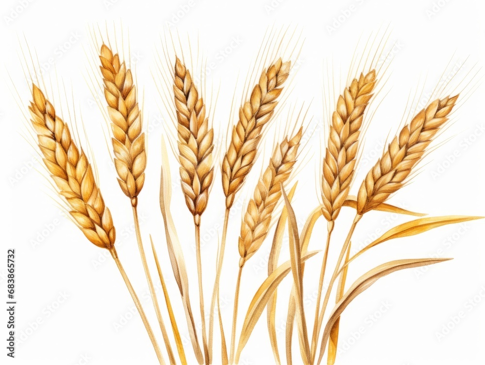 Unveiling the Elegance of Nature: The Spectacular Vision of 5 Wheat Ears on a Pristine White Canvas Generative AI Unveiling the Elegance of Nature: The Spectacular Vision of 5 Wheat Ears on a Pristine White Canvas Generative AI