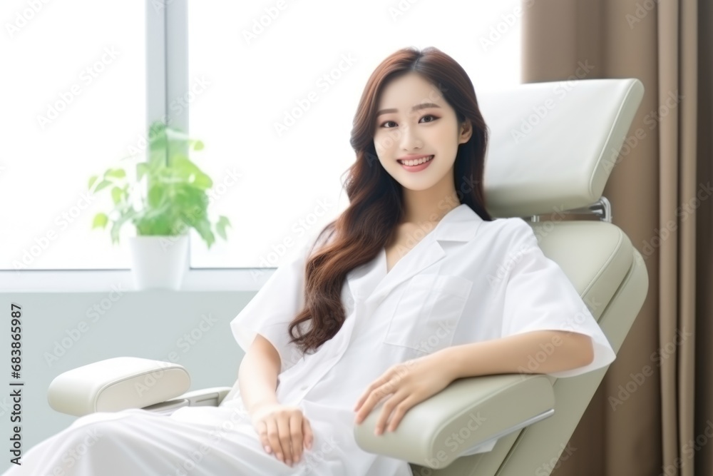 asian woman smiling happily while sitting in medical chair at dental clinic. AI Generated asian woman smiling happily while sitting in medical chair at dental clinic. AI Generated