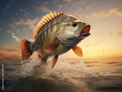 Unleashed Energy: Breathtaking Moment a Bass Fish Leaps from Water's Depth! Generative AI photo