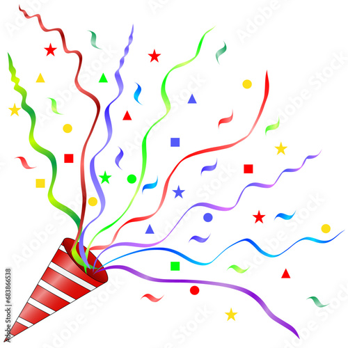 Colorful confetti popping out of cone for celebrations or congratulatory greetings photo