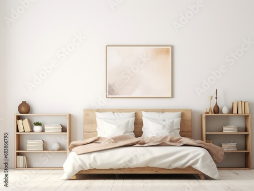 Explore a Simplistic Masterpiece: Stunning Empty Bedroom Design with Stylish Shelves & Books Generative AI