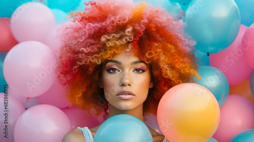 Portrait of young beautiful girl with funny hairstyle, crazy summer party, pastel colorful colors with helium balloons in the background