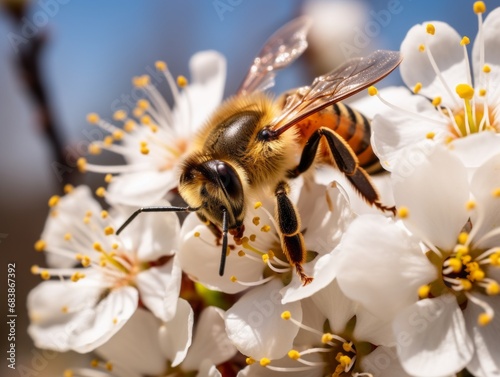 Unveiling Nature's Magic: Captivating Shot of a Honeybee Gathering Pollen on a White Flower Generative AI