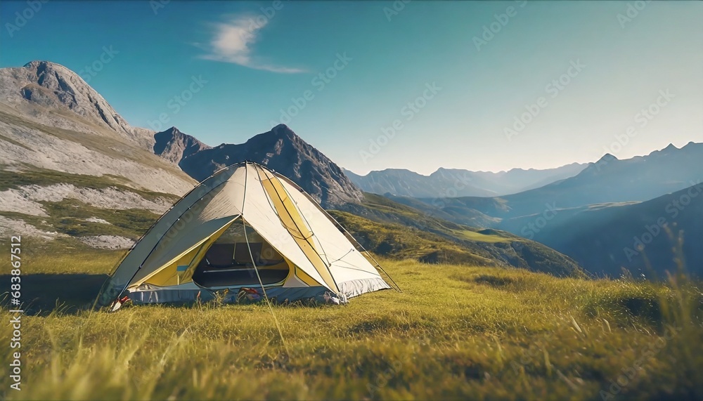 Wonderful panoramic view of a campsite in the wilderness in the mountains on lush green meadow. blue sky and copy space for text