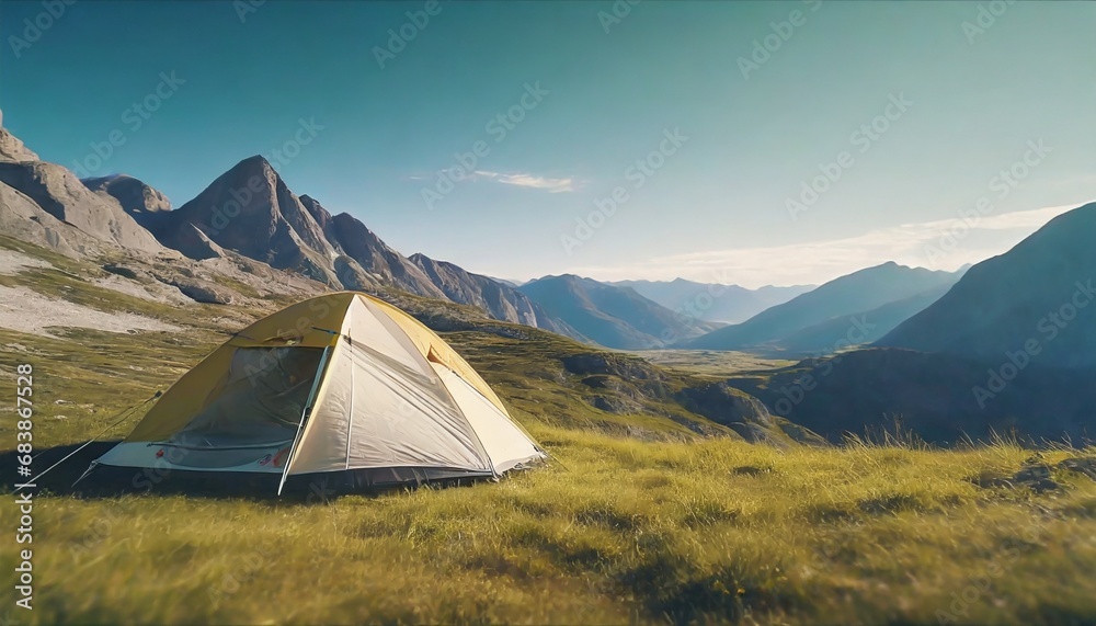 Wonderful panoramic view of a campsite in the wilderness in the mountains on lush green meadow. blue sky and copy space for text