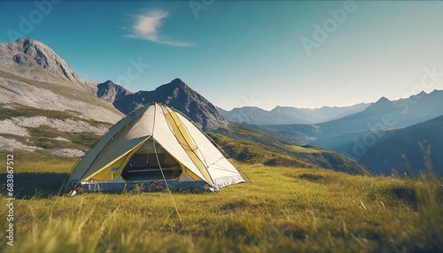 Wonderful panoramic view of a campsite in the wilderness in the mountains on lush green meadow. blue sky and copy space for text photo