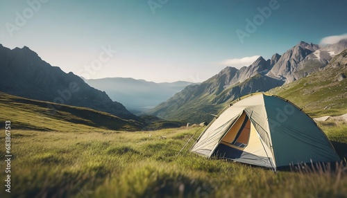 Wonderful panoramic view of a campsite in the wilderness in the mountains on lush green meadow. blue sky and copy space for text
