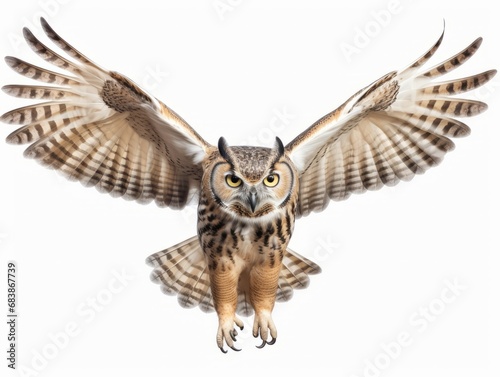 Stunning Aerial Mastery: Spectacular Owl Gliding Through Pure White Abyss Generative AI