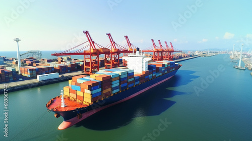 Container ship carrying container boxes import export dock with quay crane.