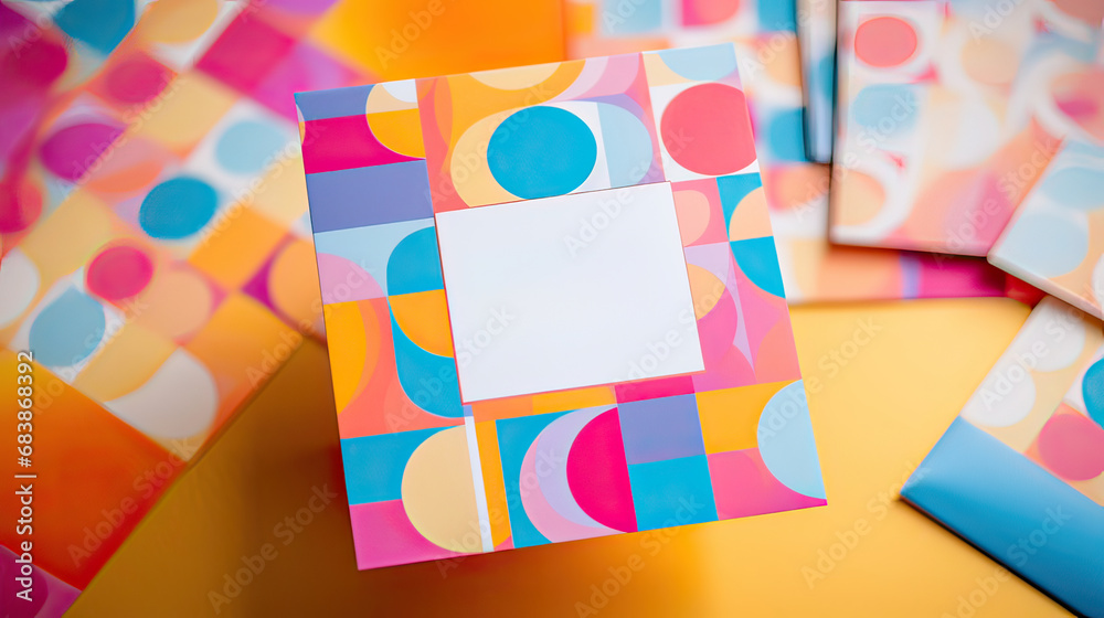 Bright modern designer invitations to a party, birthday or celebration, colorful color scheme blue pink orange