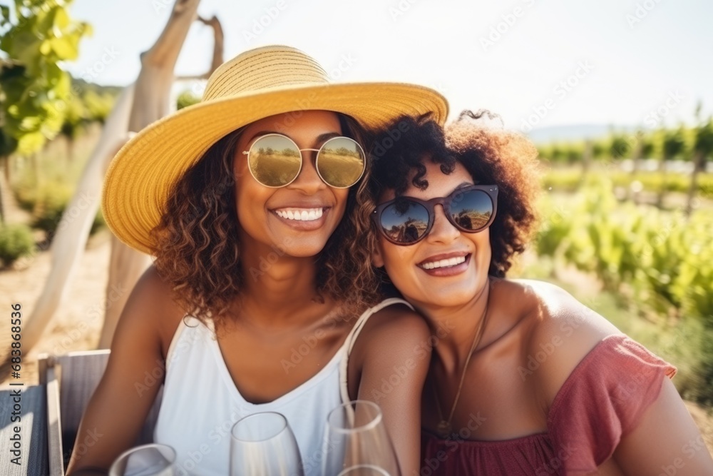 portrait of happy multiracial female friends having party outdoors. AI Generated