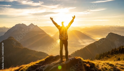 Tourist man hiker standing with both arms raised at the top of a peak and welcomes the sunrise. travel and adventure concept. generative ai photo