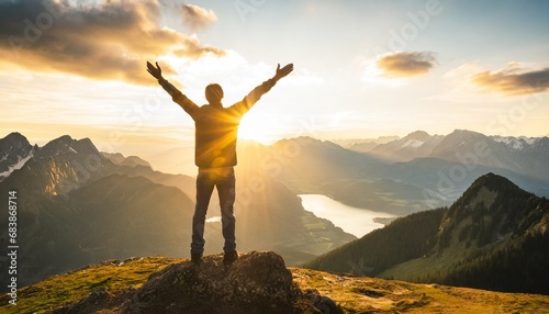 Tourist man hiker standing with both arms raised at the top of a peak and welcomes the sunrise. travel and adventure concept. generative ai