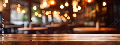 Vintage elegance. Blurred wooden table in dimly lit cafe ideal for creating retro atmosphere and showcasing products or ambiance