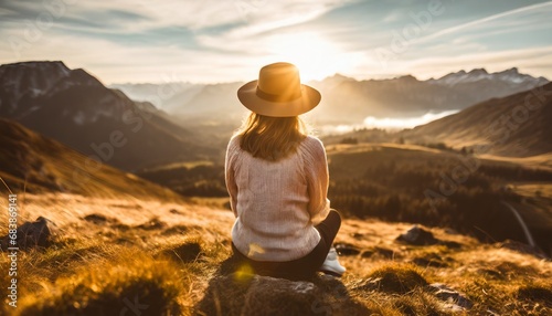 Young beautiful female hipster with hat enjoys the view on a mountain peak in the sunset. generative ai